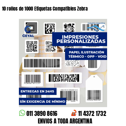 10 rollos de 1000 Etiquetas Compatibles Zebra 
