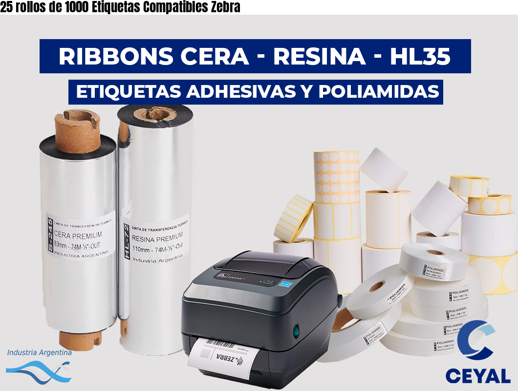 25 rollos de 1000 Etiquetas Compatibles Zebra