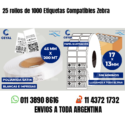 25 rollos de 1000 Etiquetas Compatibles Zebra 