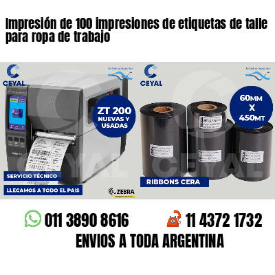 Impresión de 100 impresiones de etiquetas de talle para ropa de trabajo