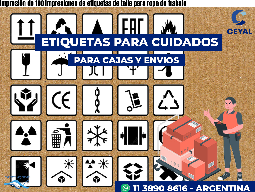 Impresión de 100 impresiones de etiquetas de talle para ropa de trabajo