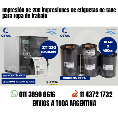 Impresión de 200 impresiones de etiquetas de talle para ropa de trabajo