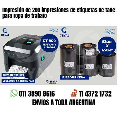 Impresión de 200 impresiones de etiquetas de talle para ropa de trabajo