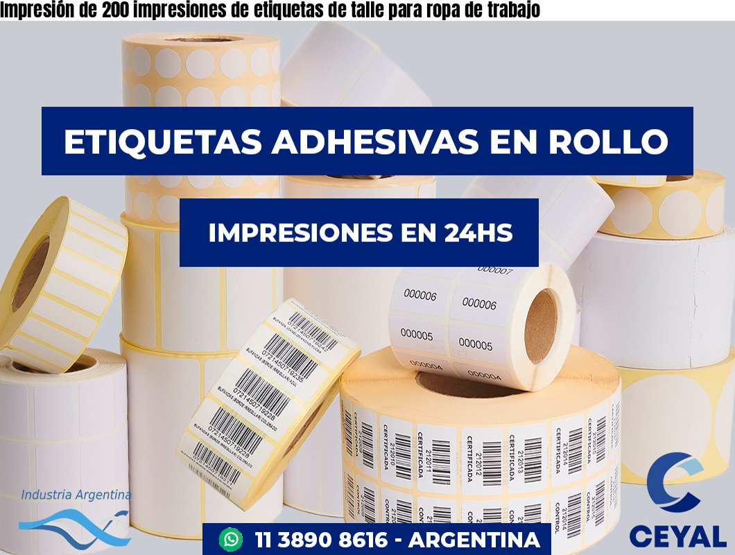 Impresión de 200 impresiones de etiquetas de talle para ropa de trabajo