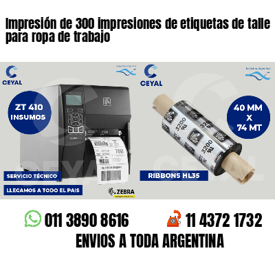 Impresión de 300 impresiones de etiquetas de talle para ropa de trabajo