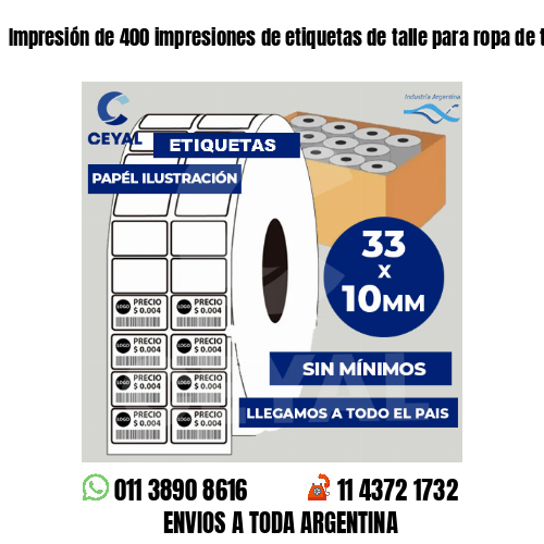 Impresión de 400 impresiones de etiquetas de talle para ropa de trabajo