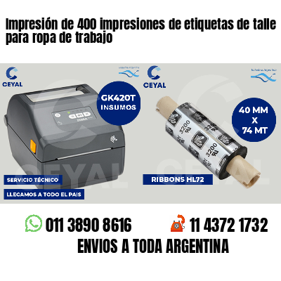 Impresión de 400 impresiones de etiquetas de talle para ropa de trabajo