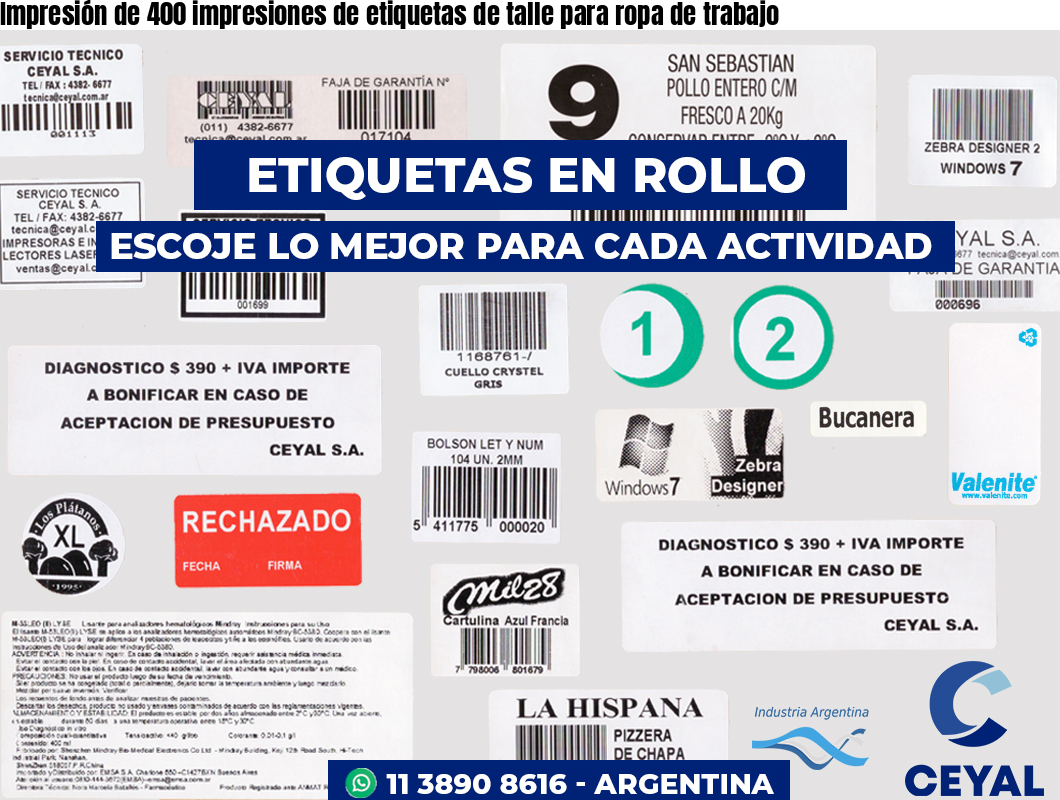 Impresión de 400 impresiones de etiquetas de talle para ropa de trabajo