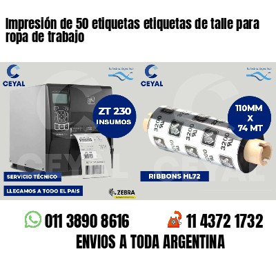 Impresión de 50 etiquetas etiquetas de talle para ropa de trabajo