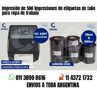 Impresión de 500 impresiones de etiquetas de talle para ropa de trabajo