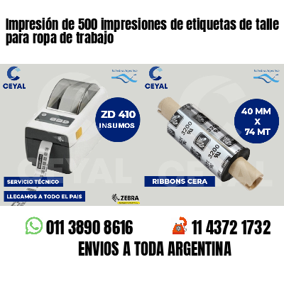 Impresión de 500 impresiones de etiquetas de talle para ropa de trabajo