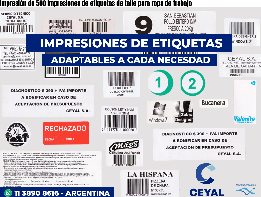 Impresión de 500 impresiones de etiquetas de talle para ropa de trabajo
