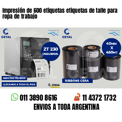 Impresión de 600 etiquetas etiquetas de talle para ropa de trabajo