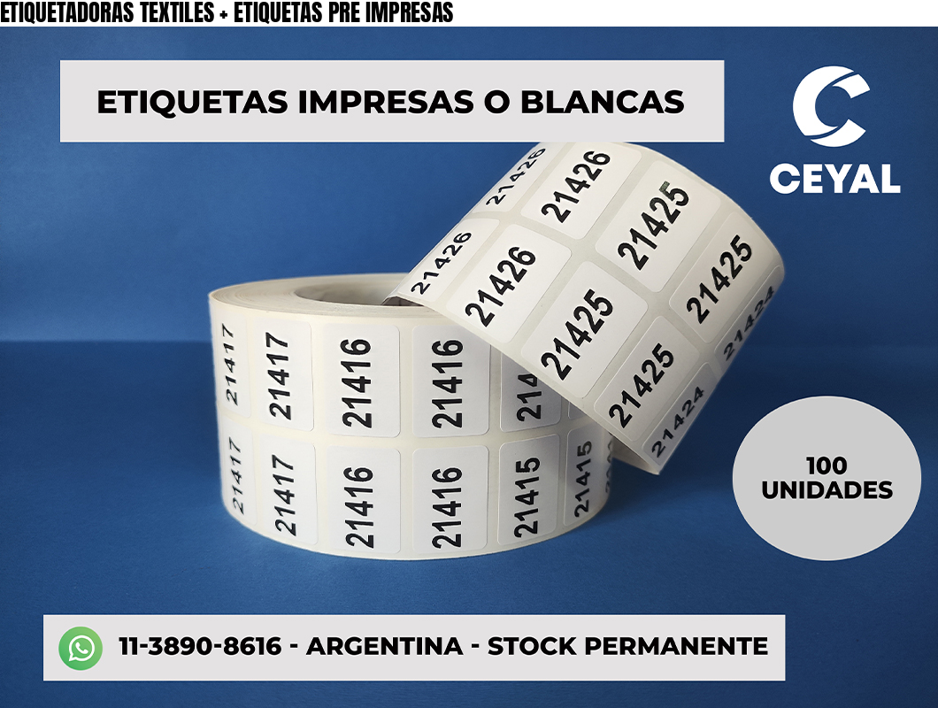 ETIQUETADORAS TEXTILES + ETIQUETAS PRE IMPRESAS