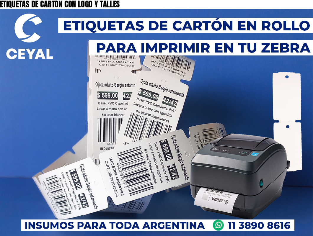 ETIQUETAS DE CARTÓN CON LOGO Y TALLES