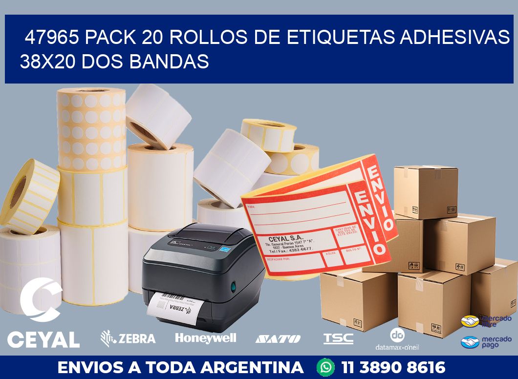 47965 PACK 20 ROLLOS DE ETIQUETAS ADHESIVAS 38X20 DOS BANDAS