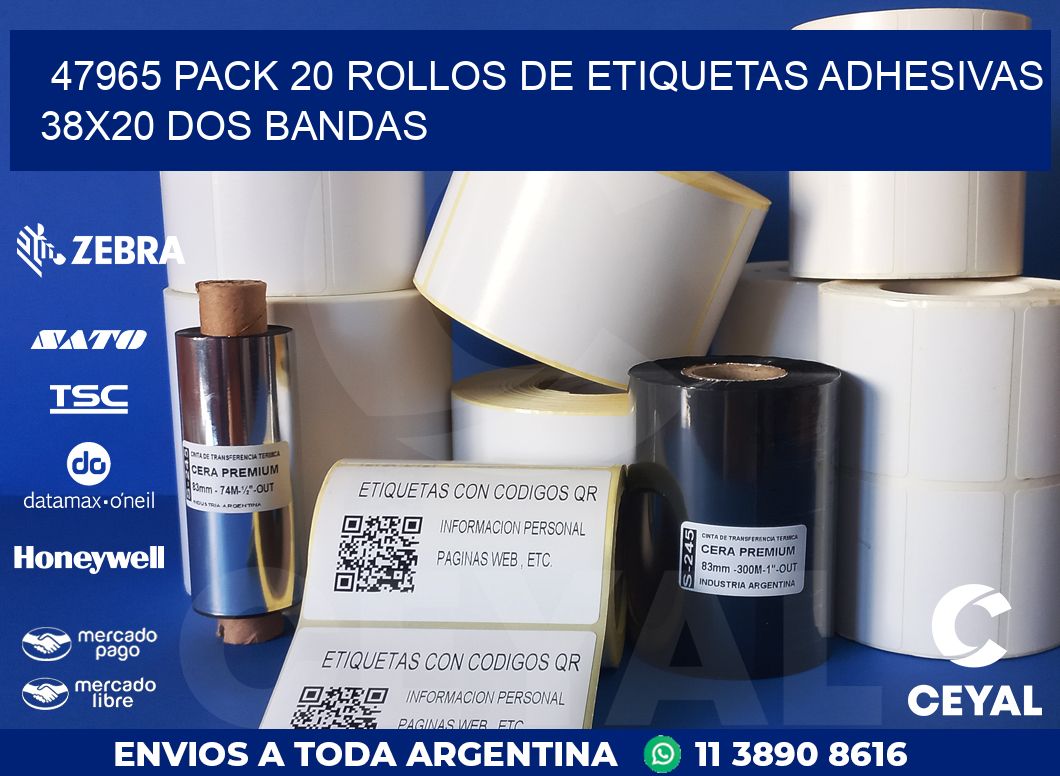 47965 PACK 20 ROLLOS DE ETIQUETAS ADHESIVAS 38X20 DOS BANDAS