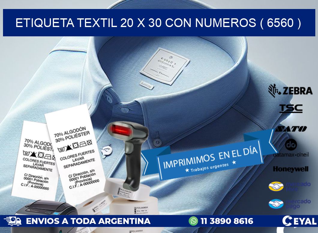 ETIQUETA TEXTIL 20 X 30 CON NUMEROS ( 6560 )