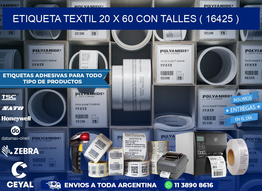 ETIQUETA TEXTIL 20 X 60 CON TALLES ( 16425 )