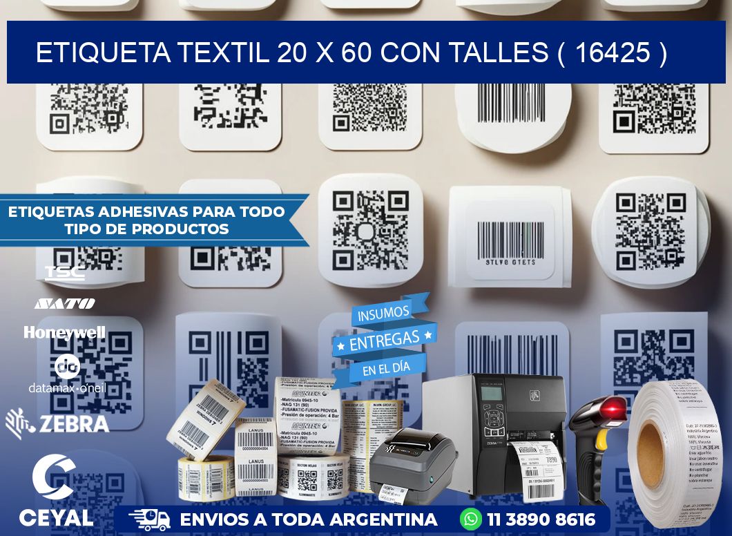 ETIQUETA TEXTIL 20 X 60 CON TALLES ( 16425 )