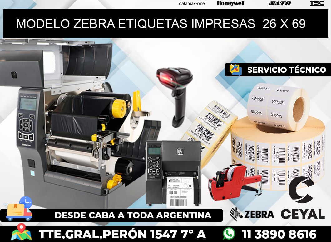 MODELO ZEBRA ETIQUETAS IMPRESAS  26 x 69