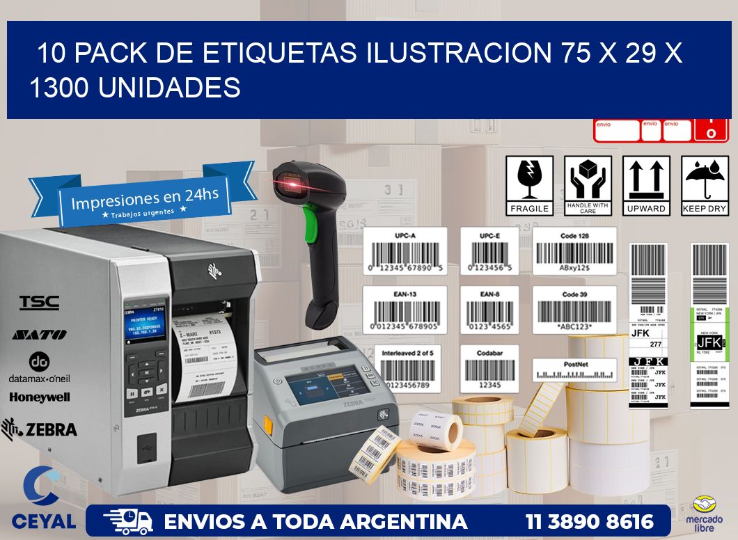 10 PACK DE ETIQUETAS ILUSTRACION 75 x 29 X 1300 UNIDADES