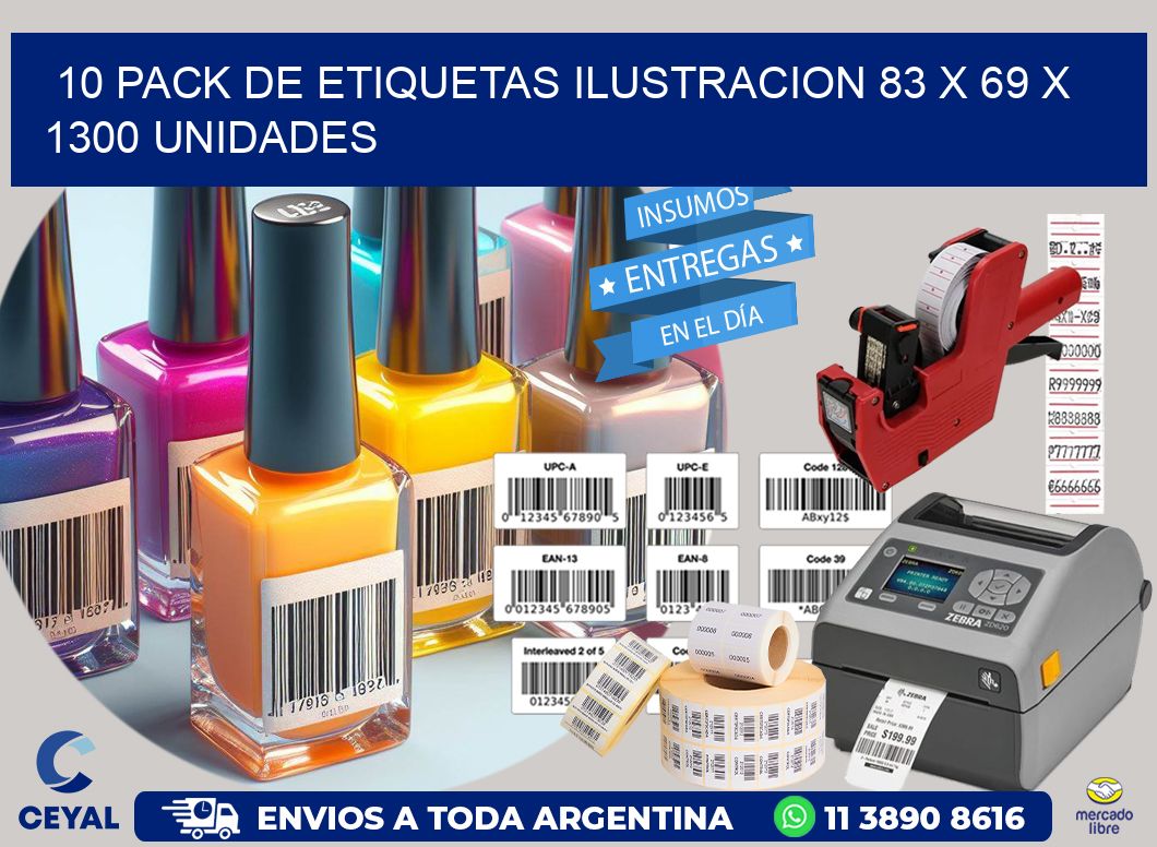 10 PACK DE ETIQUETAS ILUSTRACION 83 x 69 X 1300 UNIDADES