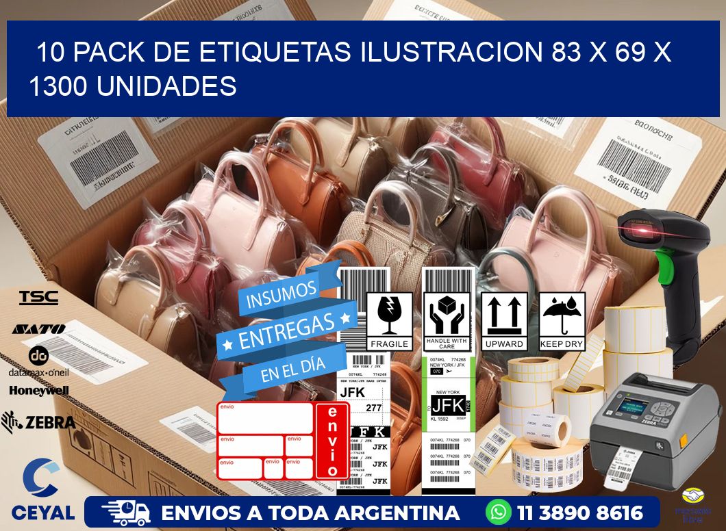 10 PACK DE ETIQUETAS ILUSTRACION 83 x 69 X 1300 UNIDADES