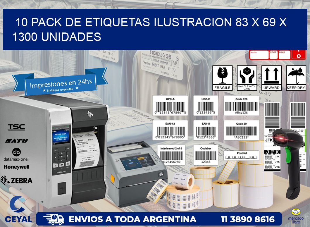 10 PACK DE ETIQUETAS ILUSTRACION 83 x 69 X 1300 UNIDADES