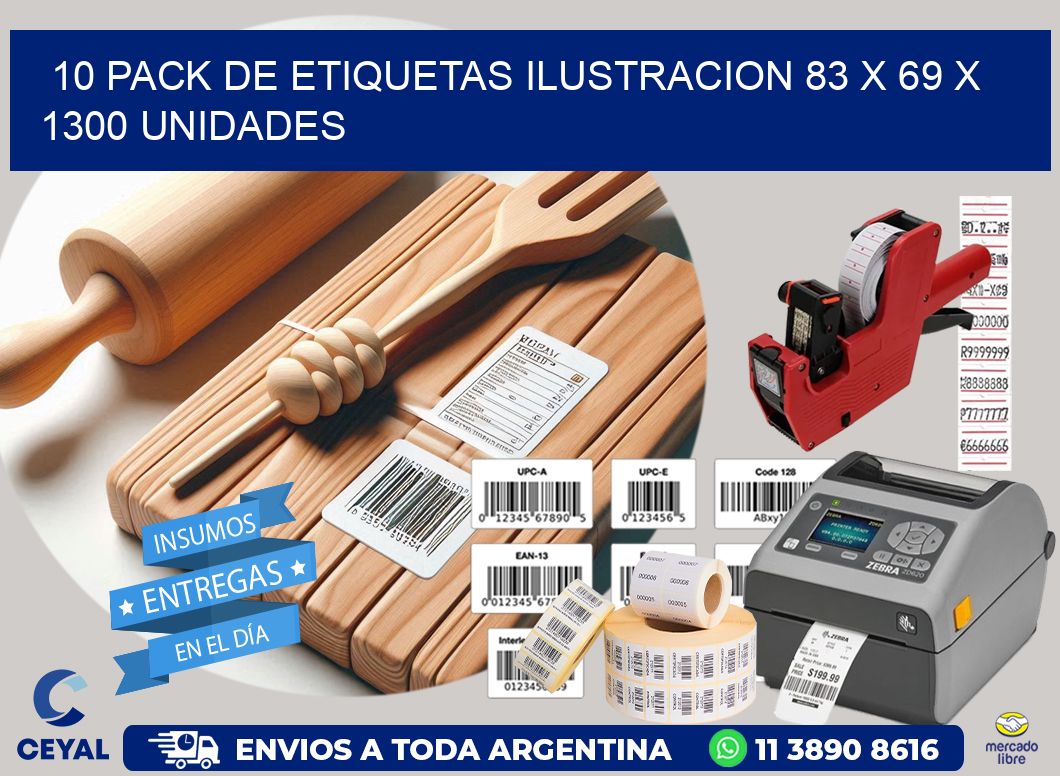 10 PACK DE ETIQUETAS ILUSTRACION 83 x 69 X 1300 UNIDADES