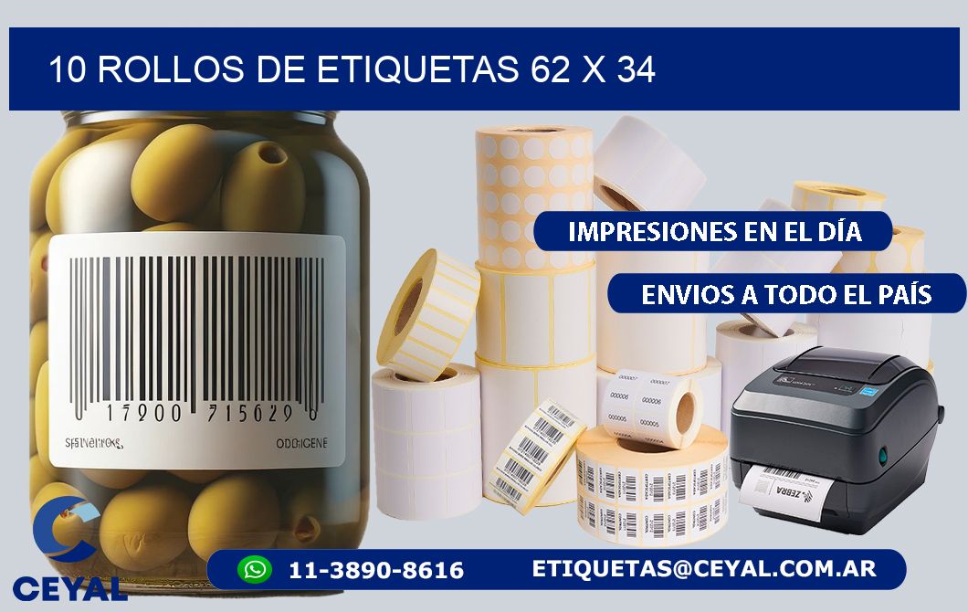 10 ROLLOS DE ETIQUETAS 62 x 34