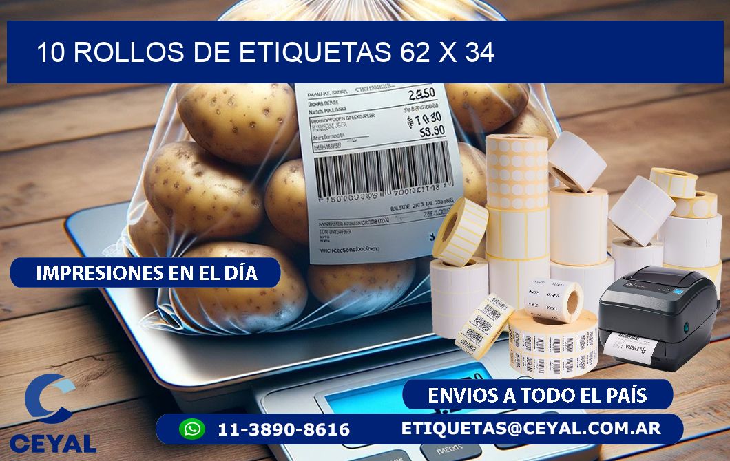 10 ROLLOS DE ETIQUETAS 62 x 34