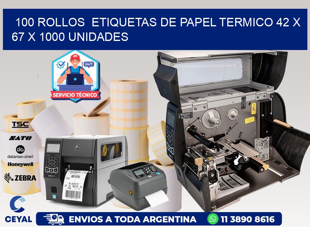 100 ROLLOS  ETIQUETAS DE PAPEL TERMICO 42 x 67 X 1000 UNIDADES