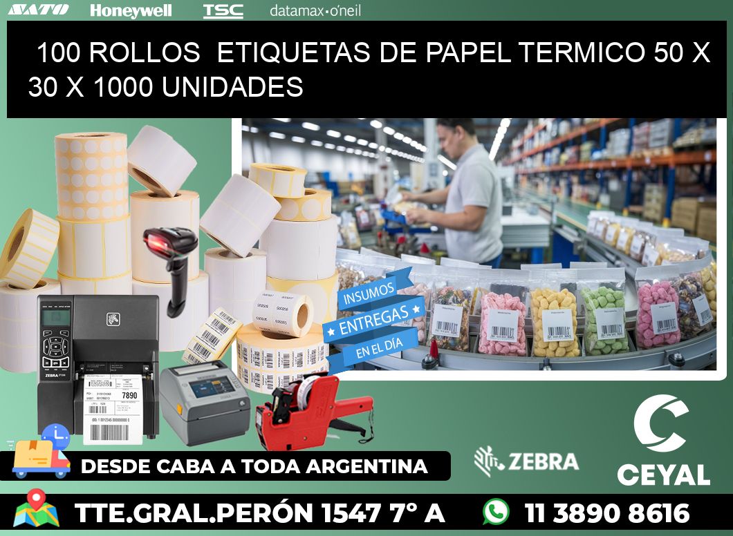 100 ROLLOS  ETIQUETAS DE PAPEL TERMICO 50 x 30 X 1000 UNIDADES