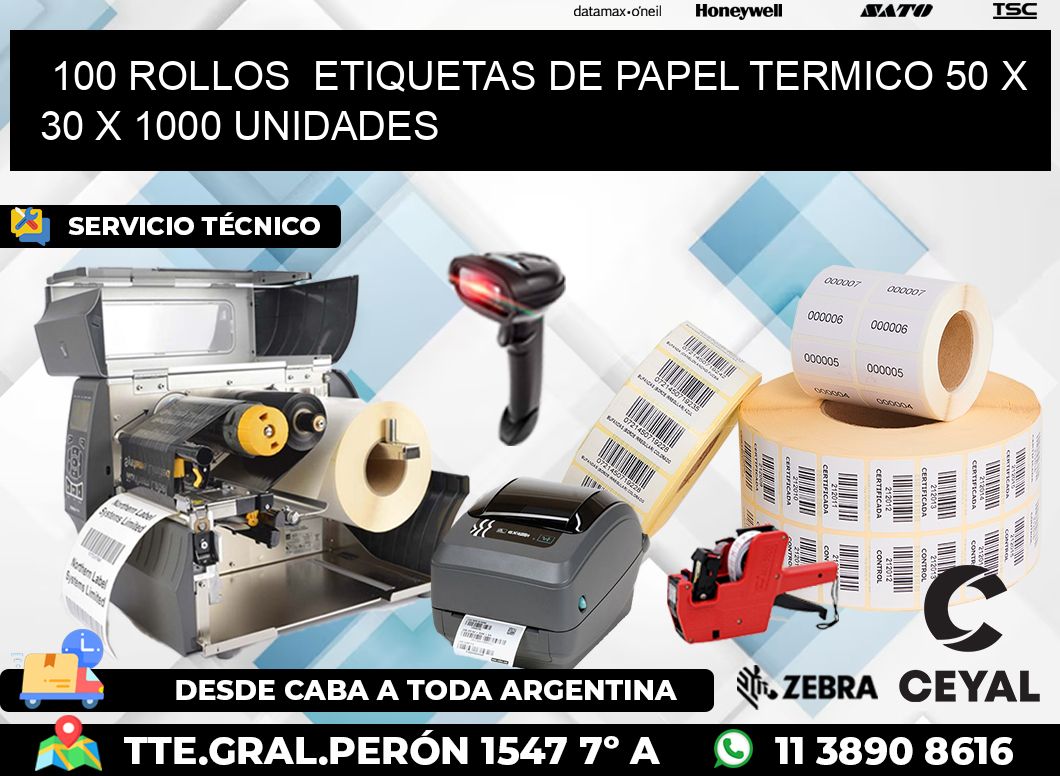 100 ROLLOS  ETIQUETAS DE PAPEL TERMICO 50 x 30 X 1000 UNIDADES