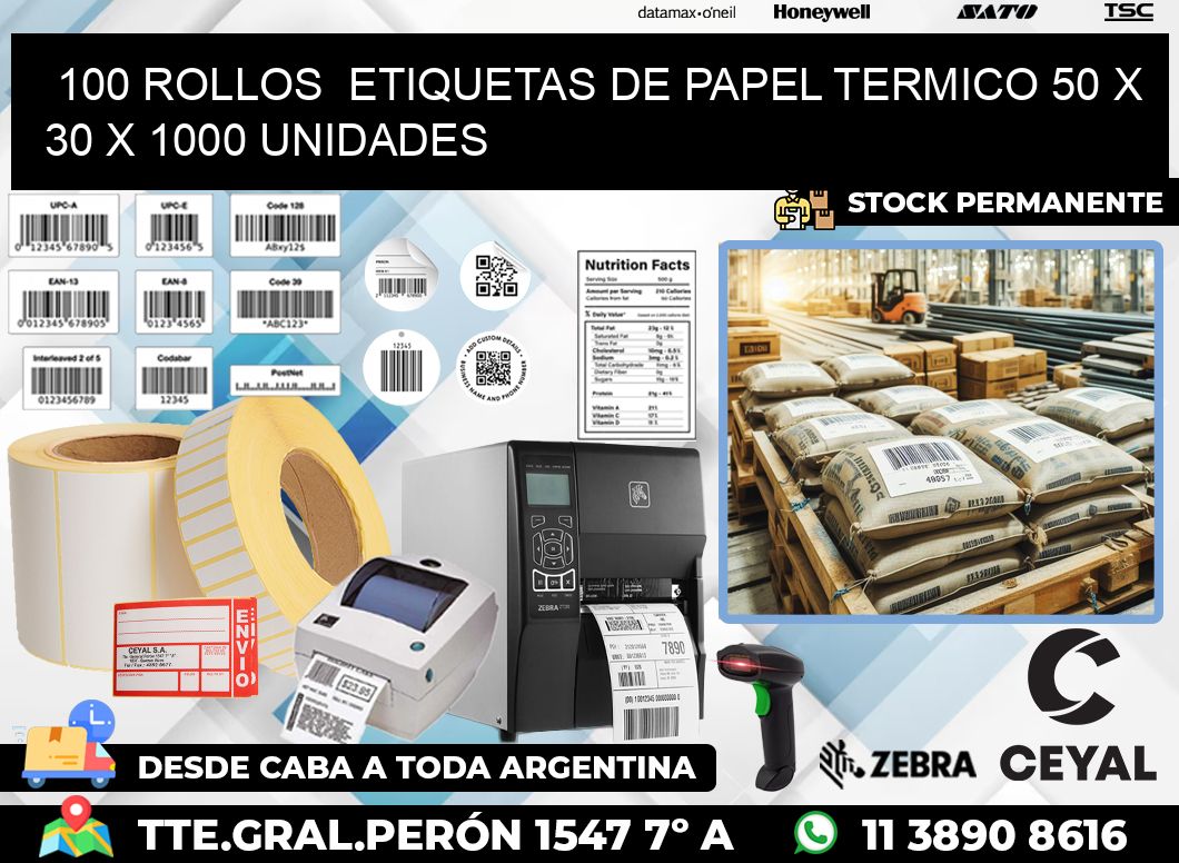 100 ROLLOS  ETIQUETAS DE PAPEL TERMICO 50 x 30 X 1000 UNIDADES