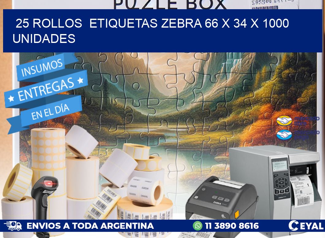 25 ROLLOS  ETIQUETAS ZEBRA 66 x 34 X 1000 UNIDADES