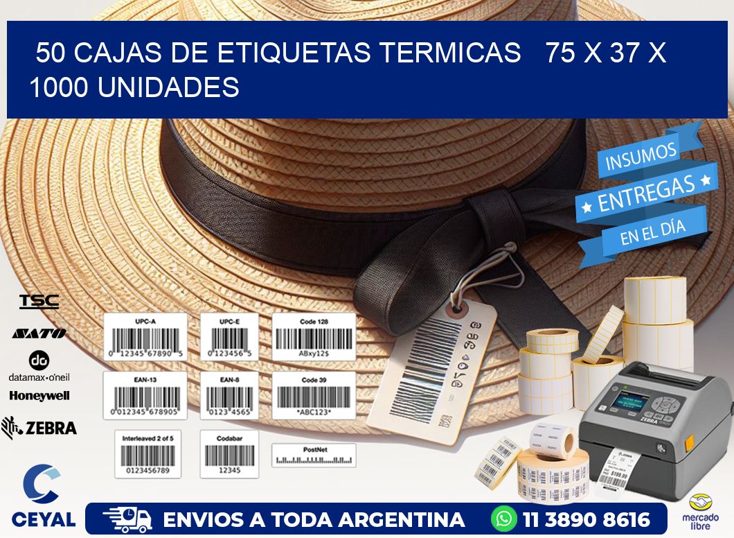 50 CAJAS DE ETIQUETAS TERMICAS   75 x 37 X 1000 UNIDADES