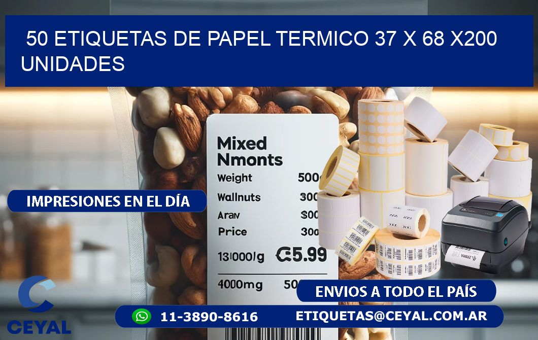 50 ETIQUETAS DE PAPEL TERMICO 37 x 68 x200 UNIDADES