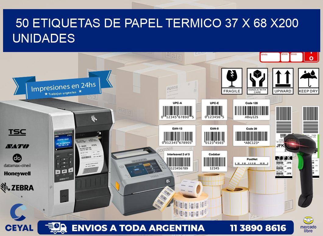 50 ETIQUETAS DE PAPEL TERMICO 37 x 68 x200 UNIDADES