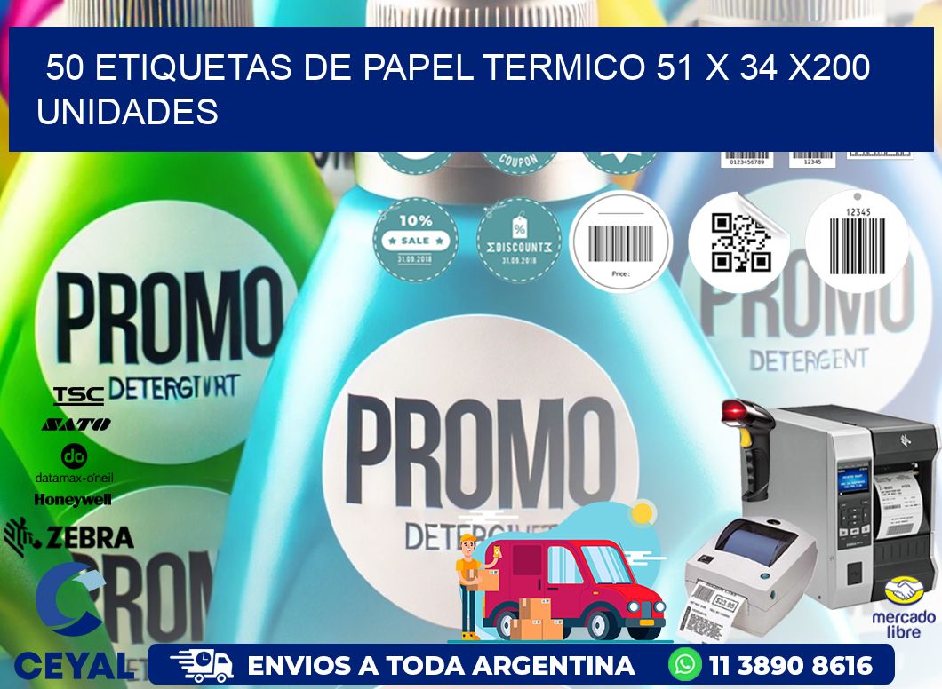 50 ETIQUETAS DE PAPEL TERMICO 51 x 34 x200 UNIDADES