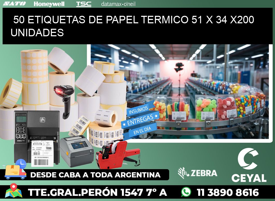 50 ETIQUETAS DE PAPEL TERMICO 51 x 34 x200 UNIDADES