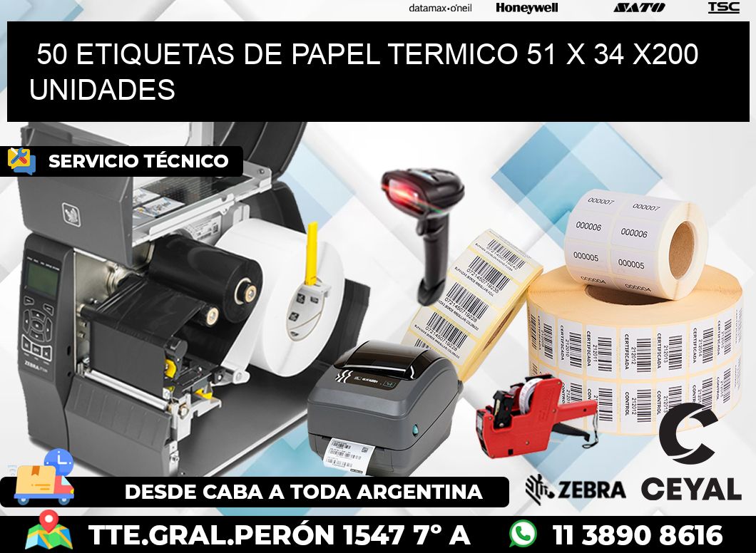 50 ETIQUETAS DE PAPEL TERMICO 51 x 34 x200 UNIDADES