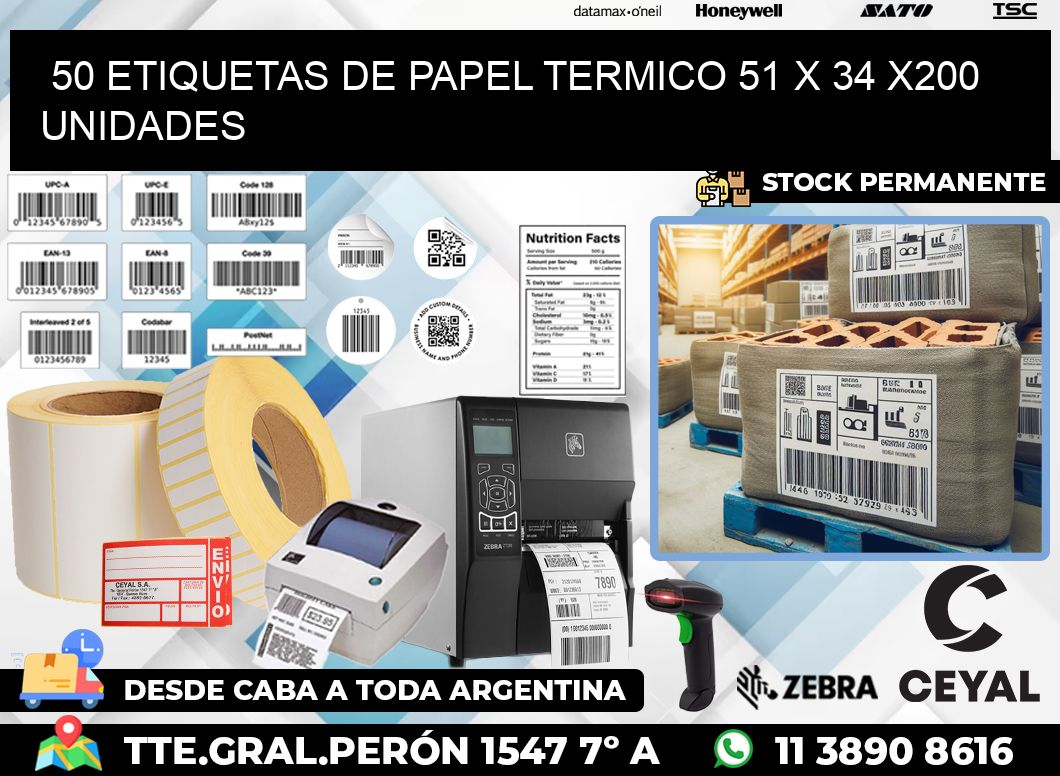 50 ETIQUETAS DE PAPEL TERMICO 51 x 34 x200 UNIDADES