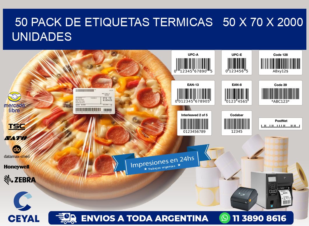 50 PACK DE ETIQUETAS TERMICAS   50 x 70 X 2000 UNIDADES