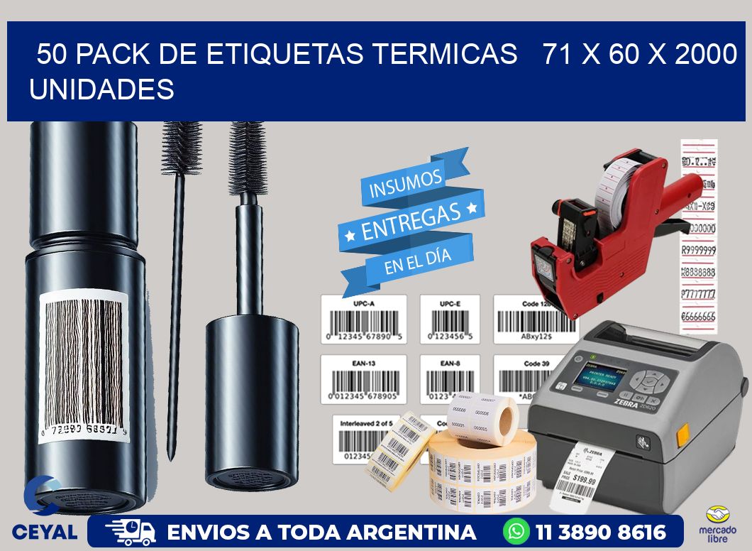 50 PACK DE ETIQUETAS TERMICAS   71 x 60 X 2000 UNIDADES