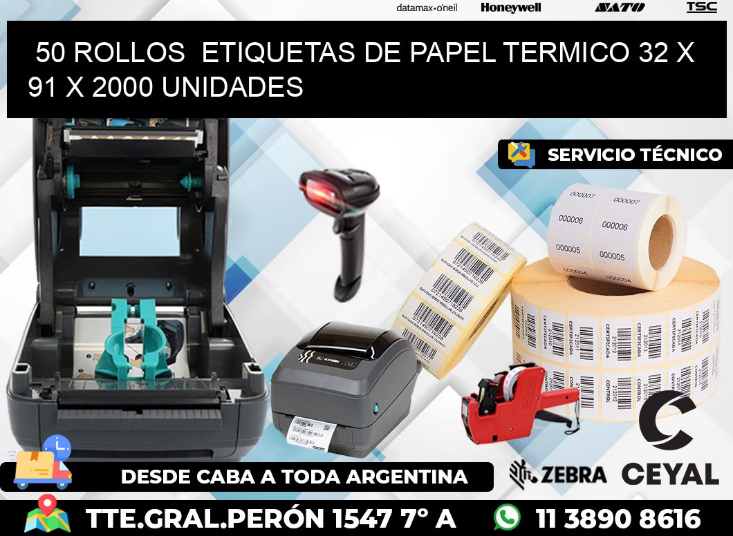 50 ROLLOS  ETIQUETAS DE PAPEL TERMICO 32 x 91 X 2000 UNIDADES