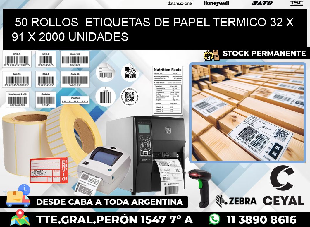 50 ROLLOS  ETIQUETAS DE PAPEL TERMICO 32 x 91 X 2000 UNIDADES