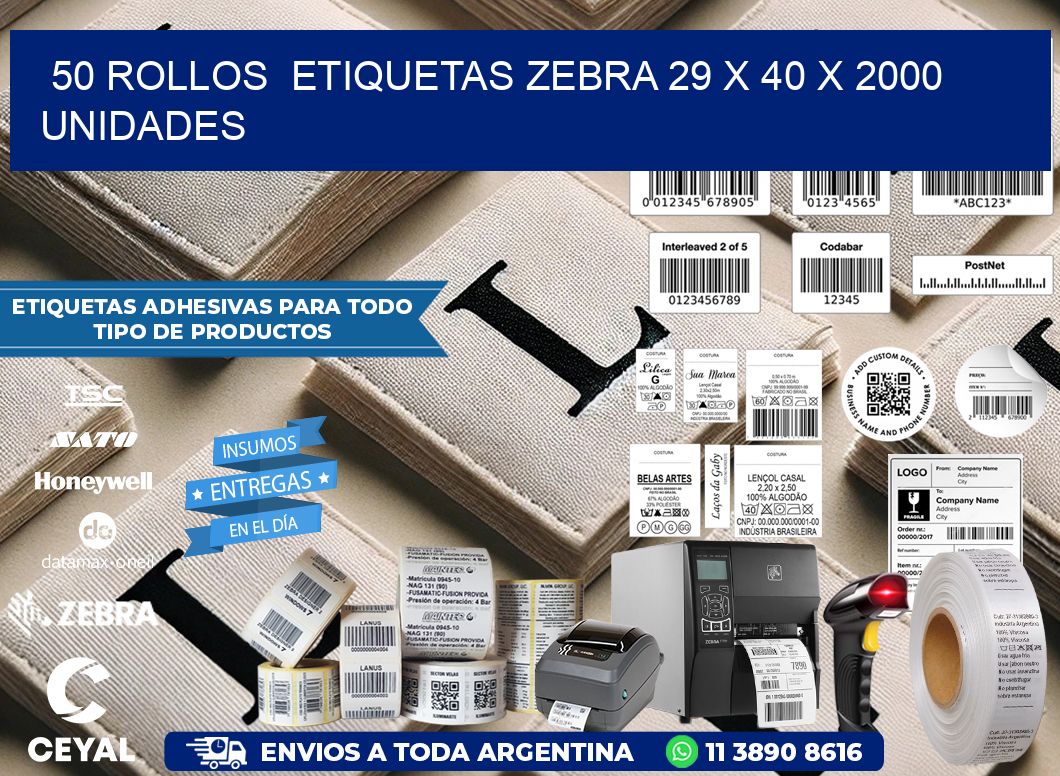 50 ROLLOS  ETIQUETAS ZEBRA 29 x 40 X 2000 UNIDADES