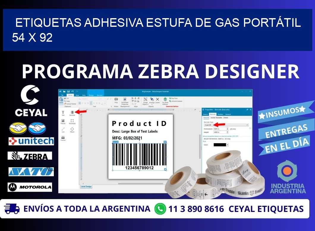 ETIQUETAS ADHESIVA ESTUFA DE GAS PORTÁTIL 54 x 92